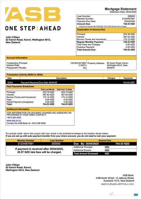 Download New Zealand ASB Bank mortgage statement Word and PDF template Photoshop template